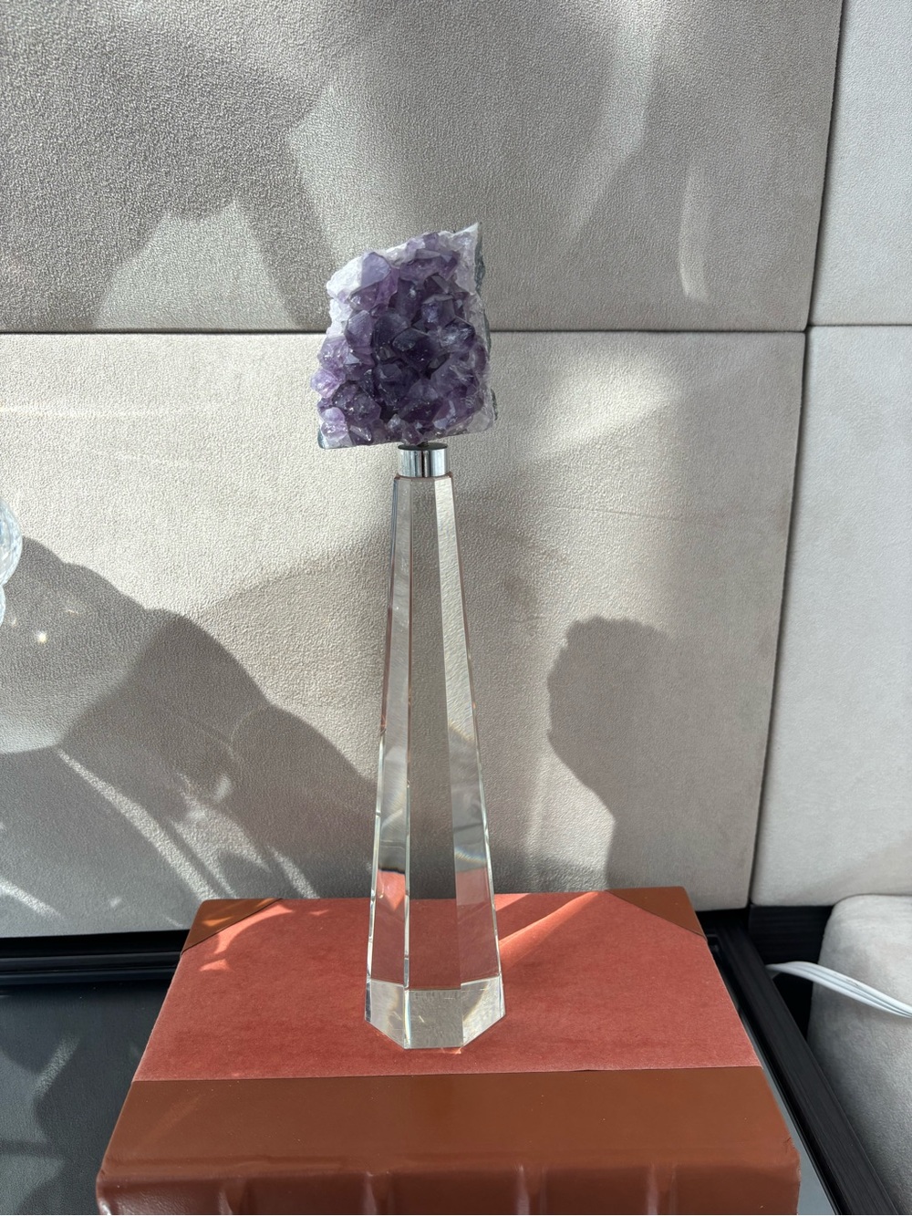 Amethyst Crystal Cluster on Clear Glass Obelisk
